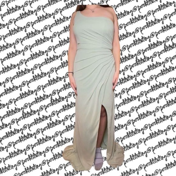 Azazie Dusty Sage One Shoulder Gown - Picture 10 of 12